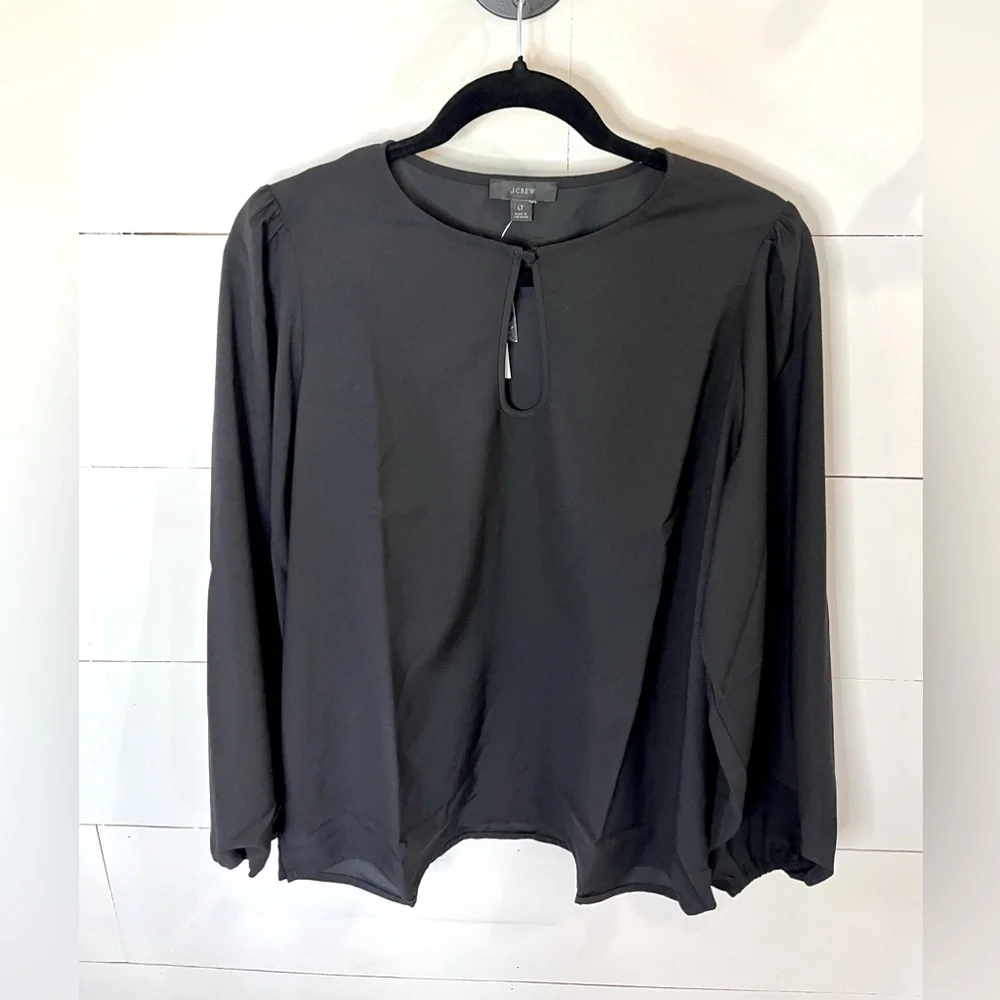 J. Crew Puff Sleeve Satin-Back Crepe‎ Blouse Keyhole Neck Black Large TALL NWT